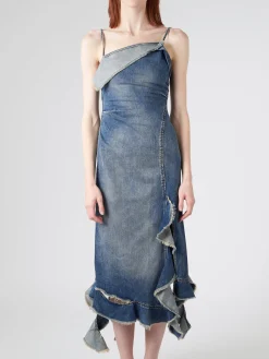Acne Studios - Delouise Ruffle Strap Denim Dress in Mid Blue