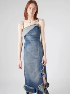 Acne Studios - Delouise Ruffle Strap Denim Dress in Mid Blue