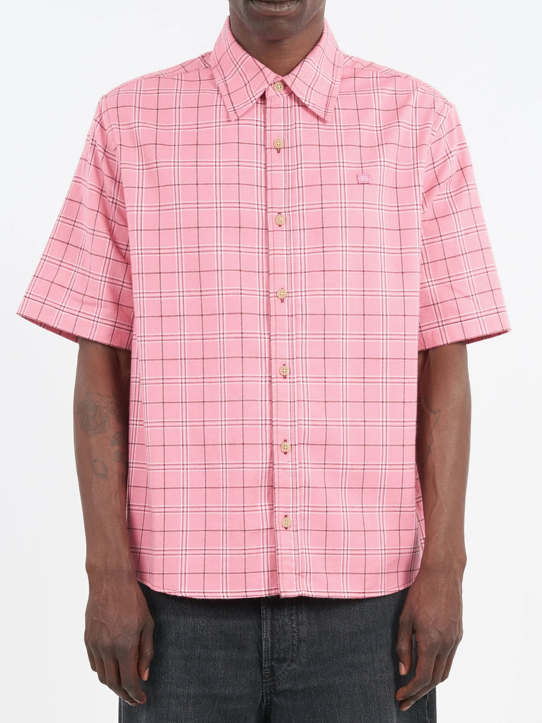 Acne Studios - Sarlie Short Sleeve Dry Flannel Check Shirt in Tango Pink