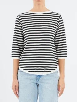 BEAMS BOY - 3/4 Sleeve Border Boat Neck in Black and White