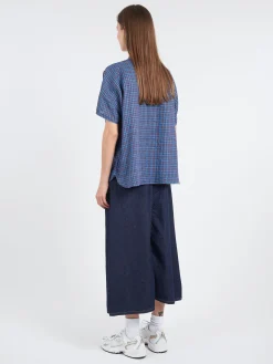 BEAMS BOY - Linen Check Stand Collar Shirt in Blue
