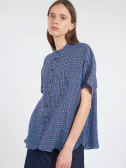 BEAMS BOY - Linen Check Stand Collar Shirt in Blue