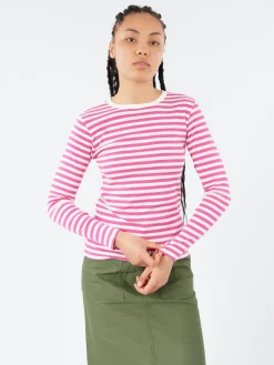 BEAMS BOYS - Long Sleeve Border T-Shirt in Pink and White