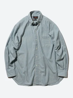 BEAMS PLUS - Classic Fit Wool Stripe Button Down Shirt in Blue