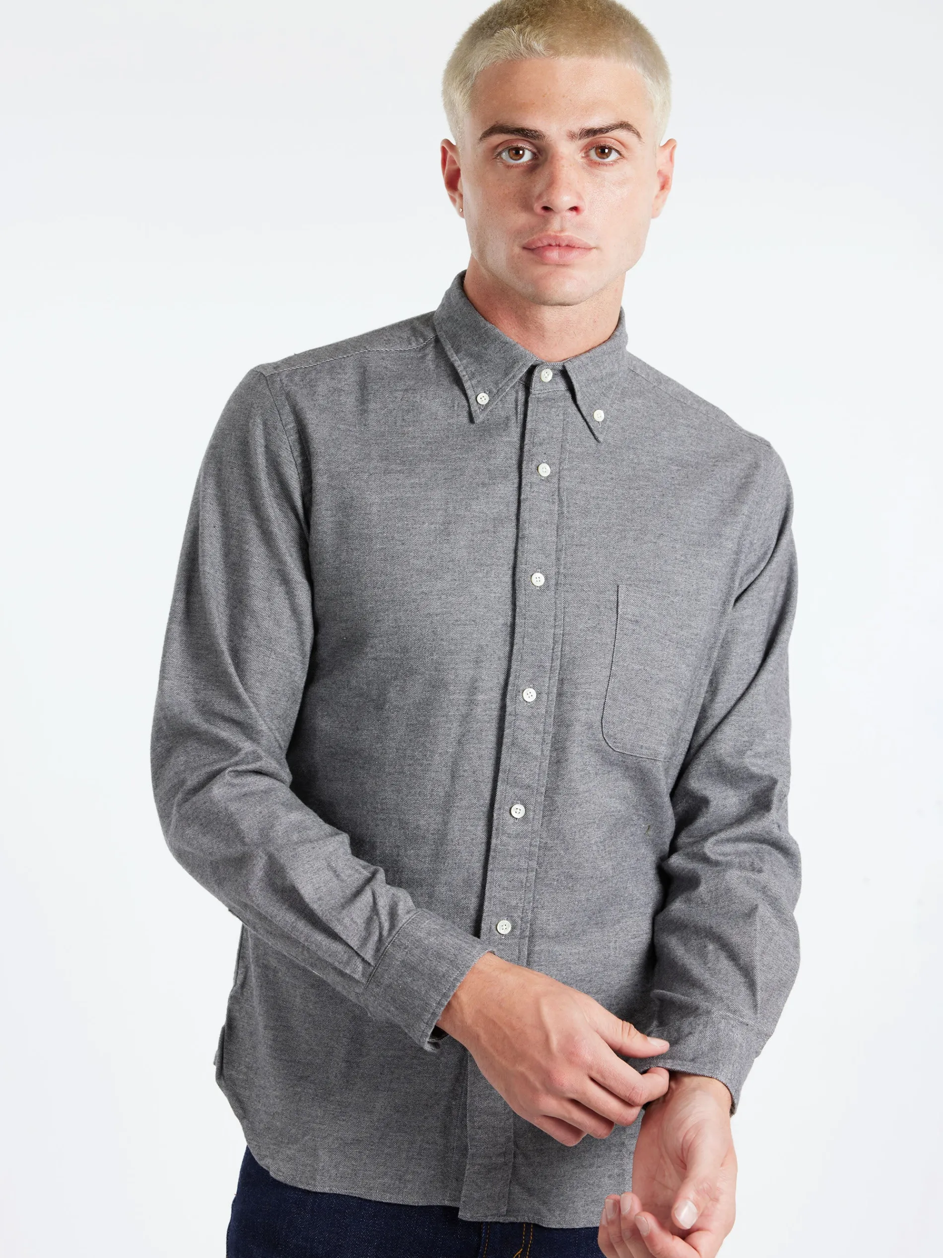 BEAMS PLUS - Flannel Solid Button Down Shirt in Grey