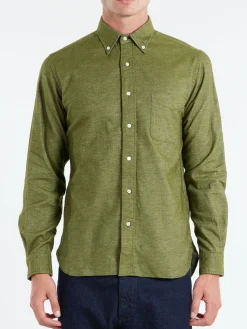 BEAMS PLUS - Flannel Solid Button Down Shirt in Olive