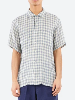 BEAMS PLUS - Gingham Panama Open Collar Shirt in Blue