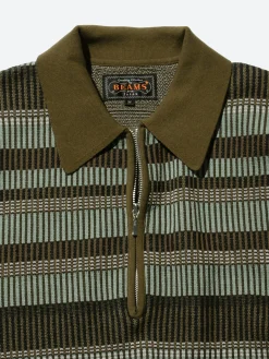 BEAMS PLUS - Half Zip Knit Polo in Olive