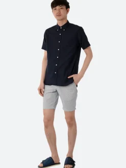 BEAMS PLUS - Linen Coolmax Button-Down Short Sleeve Shirt in Navy