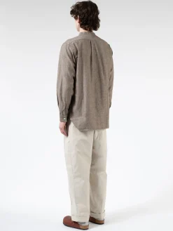 BEAMS PLUS - Linen Cotton Herringbone Band Collar Pullover Shirt in Brown