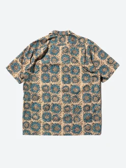 BEAMS PLUS - Open Collar Sunflower Block Print Shirt in Blue