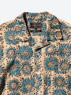 BEAMS PLUS - Open Collar Sunflower Block Print Shirt in Blue