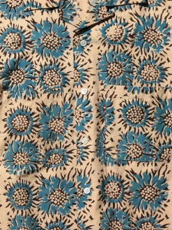 BEAMS PLUS - Open Collar Sunflower Block Print Shirt in Blue
