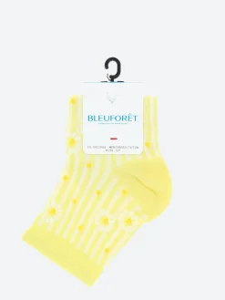 Bleuforêt - Short Lisle Yarn Daisy Striped Socks in Citronella
