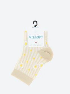 Bleuforêt - Short Lisle Yarn Daisy Striped Socks in Cream
