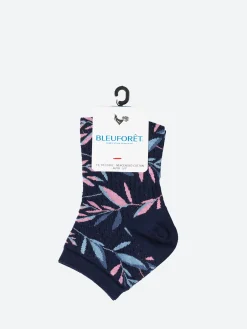 Bleuforêt - Short Openwork Leaves Lisle Socks in Navy