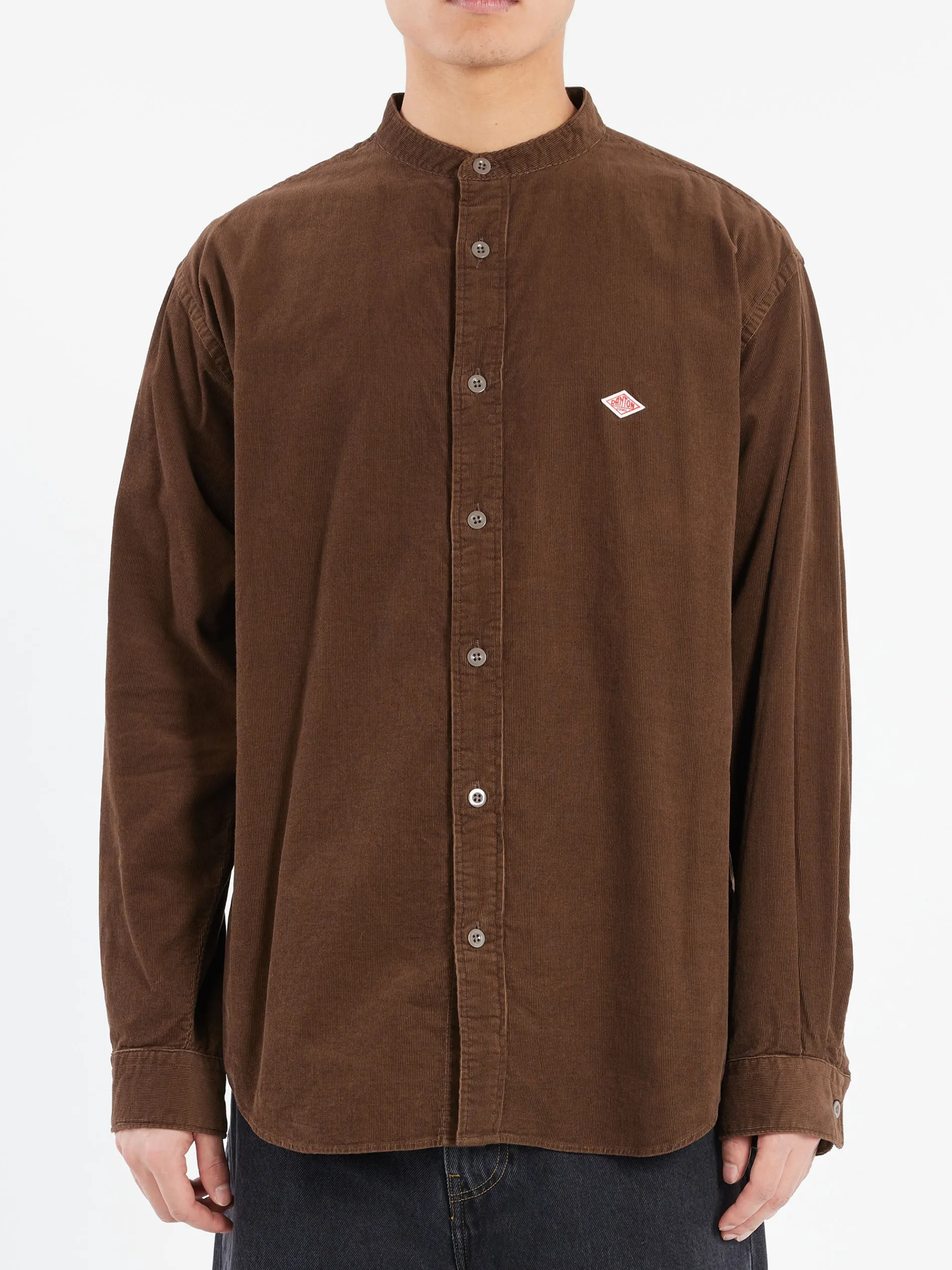 Danton - Corduroy Band Collar Shirt in Mole Brown