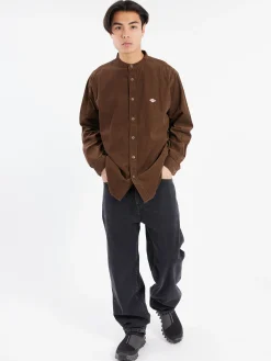 Danton - Corduroy Band Collar Shirt in Mole Brown