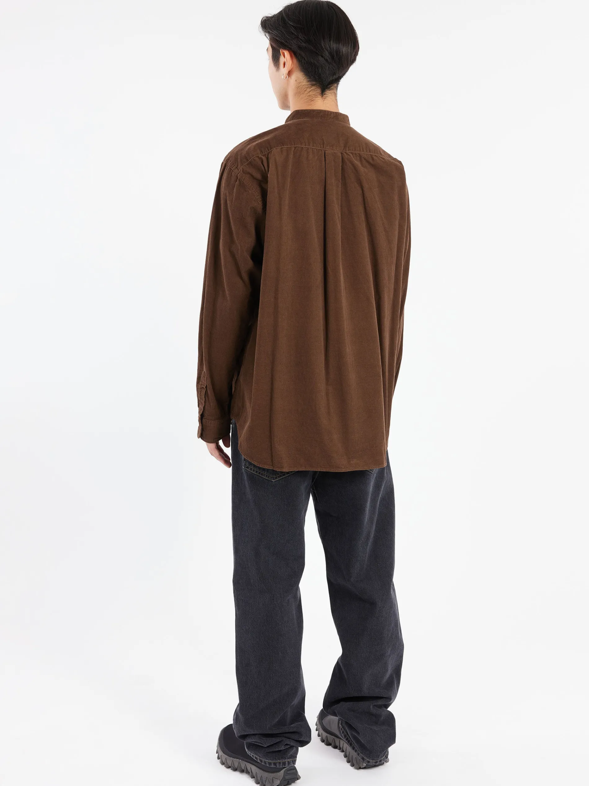 Danton - Corduroy Band Collar Shirt in Mole Brown
