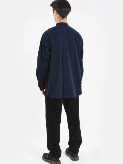 Danton - Corduroy Band Collar Shirt in Dark Navy