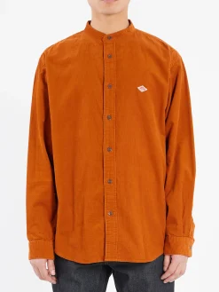 Danton - Corduroy Band Collar Shirt in Orange