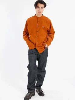 Danton - Corduroy Band Collar Shirt in Orange