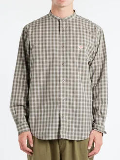 Danton - Cotton Broadcloth Band Collar Shirt in Light Beige and Grey Check