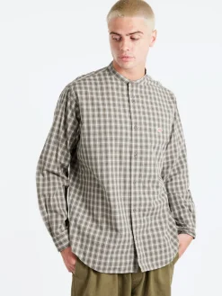 Danton - Cotton Broadcloth Band Collar Shirt in Light Beige and Grey Check