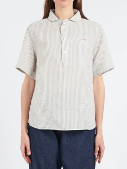 Danton - Linen Round Collar Shirt in Grey/Ecru