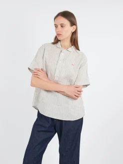 Danton - Linen Round Collar Shirt in Grey/Ecru