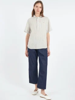 Danton - Linen Round Collar Shirt in Grey/Ecru