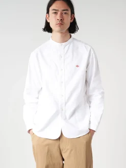 Danton - Men's Plain Oxford Band Collar L/S Shirt in White