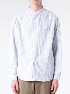 Danton - Men's Striped Oxford Band Collar L/S Shirt in Navy and White