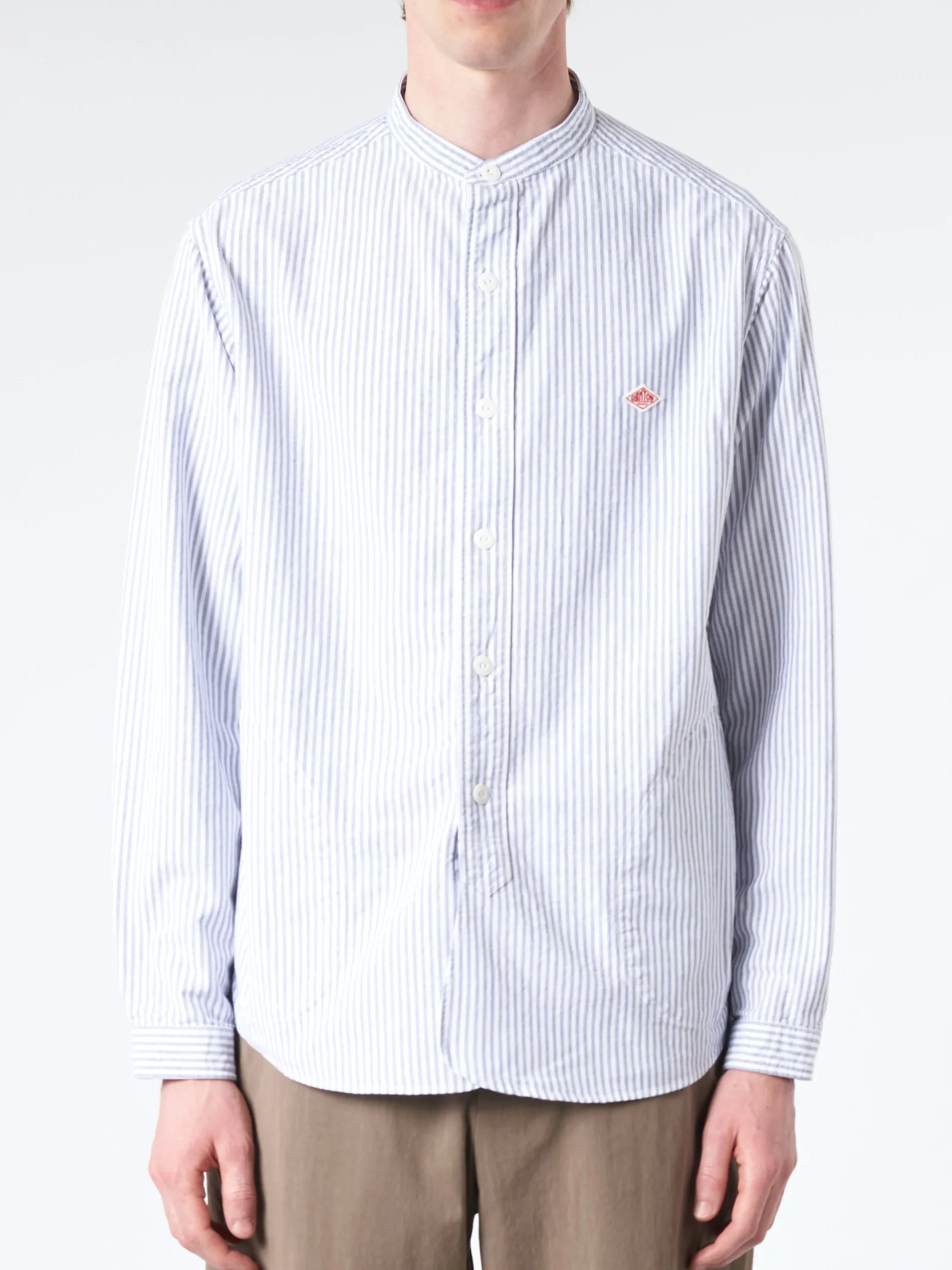 Danton - Men's Striped Oxford Band Collar L/S Shirt in Navy and White