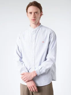 Danton - Men's Striped Oxford Band Collar L/S Shirt in Navy and White