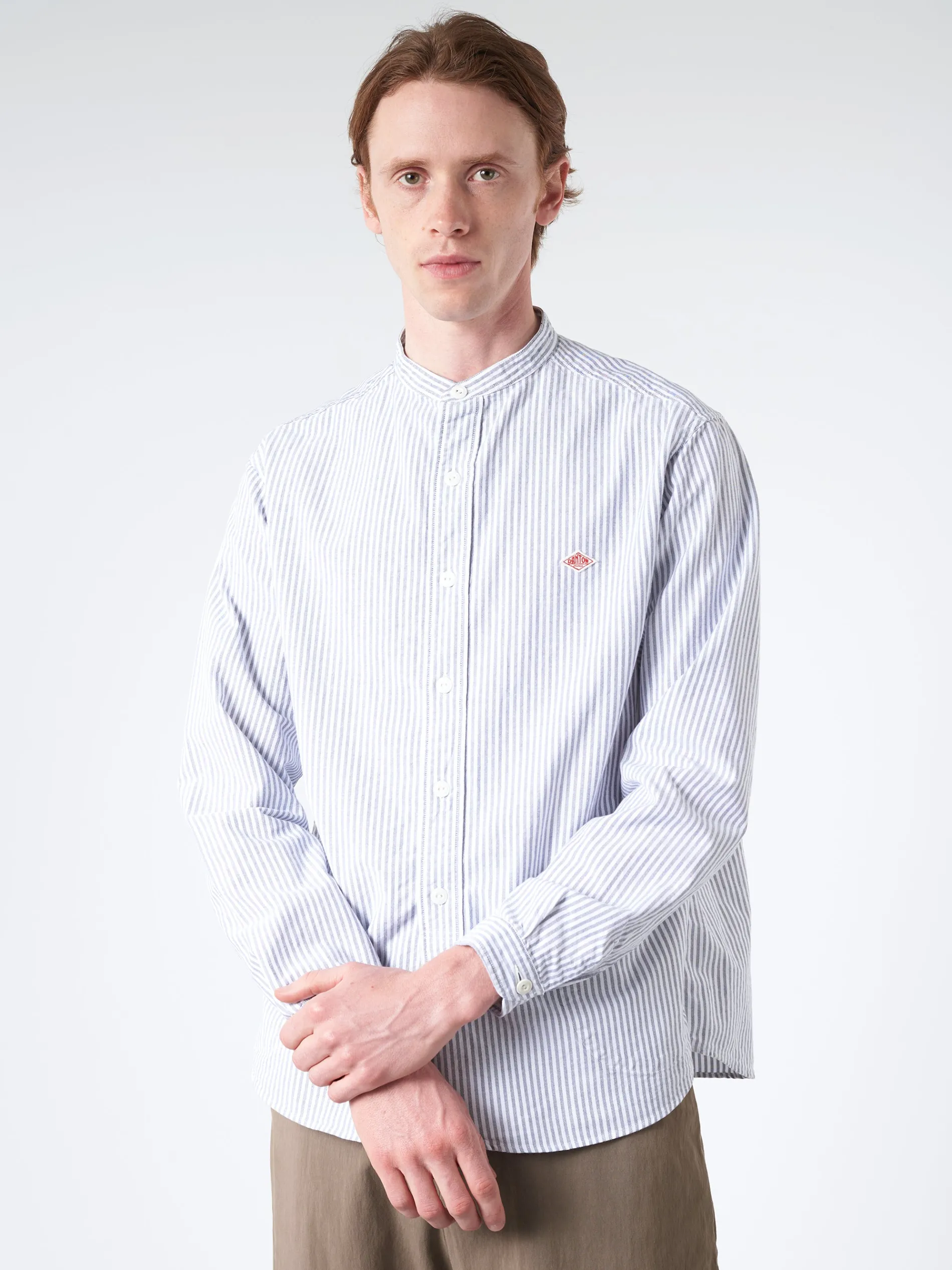 Danton - Men's Striped Oxford Band Collar L/S Shirt in Navy and White