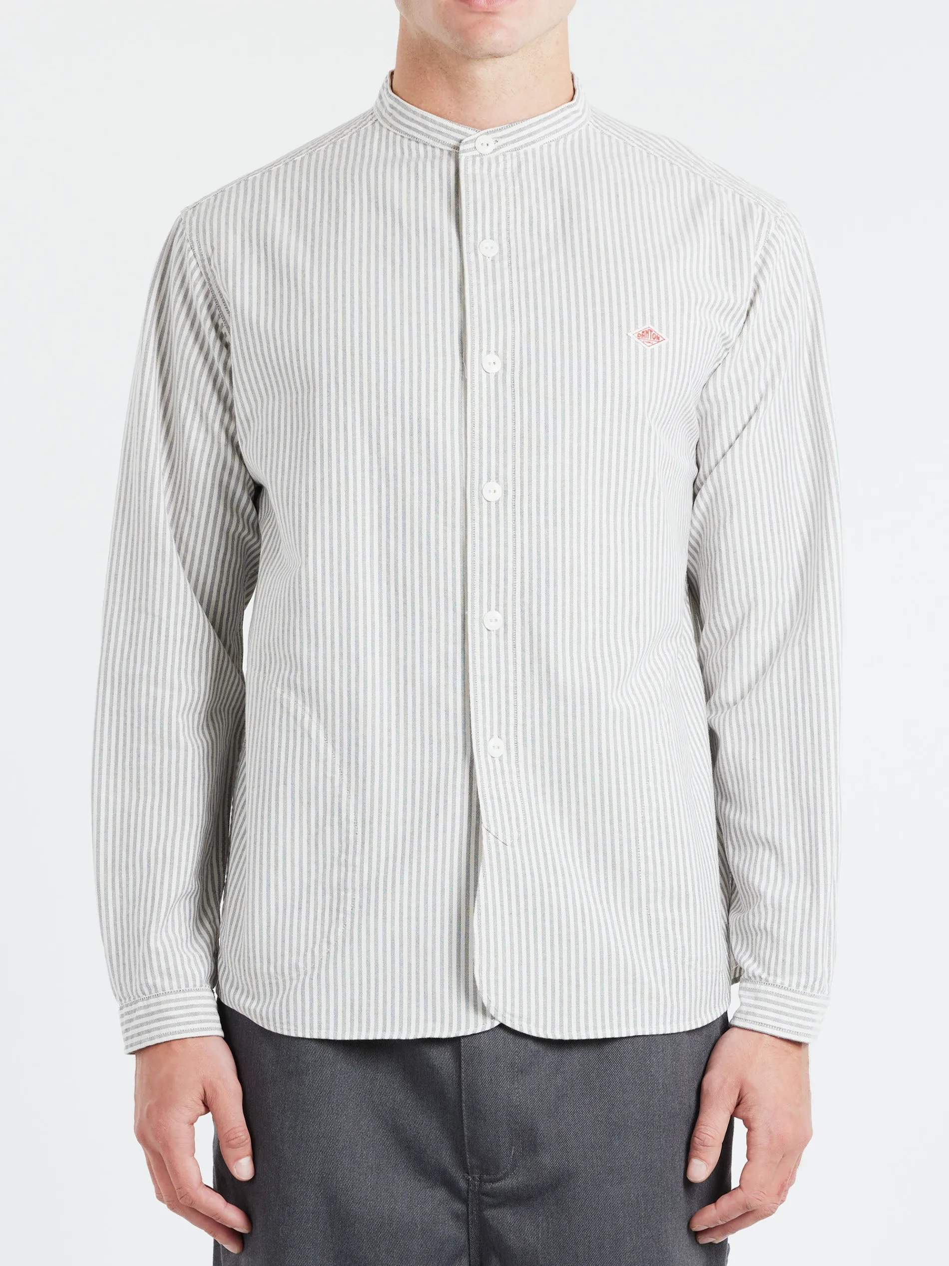 Danton - Men's Striped Oxford Band Collar L/S Shirt in Navy Ecru