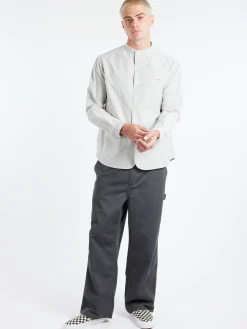 Danton - Men's Striped Oxford Band Collar L/S Shirt in Navy Ecru