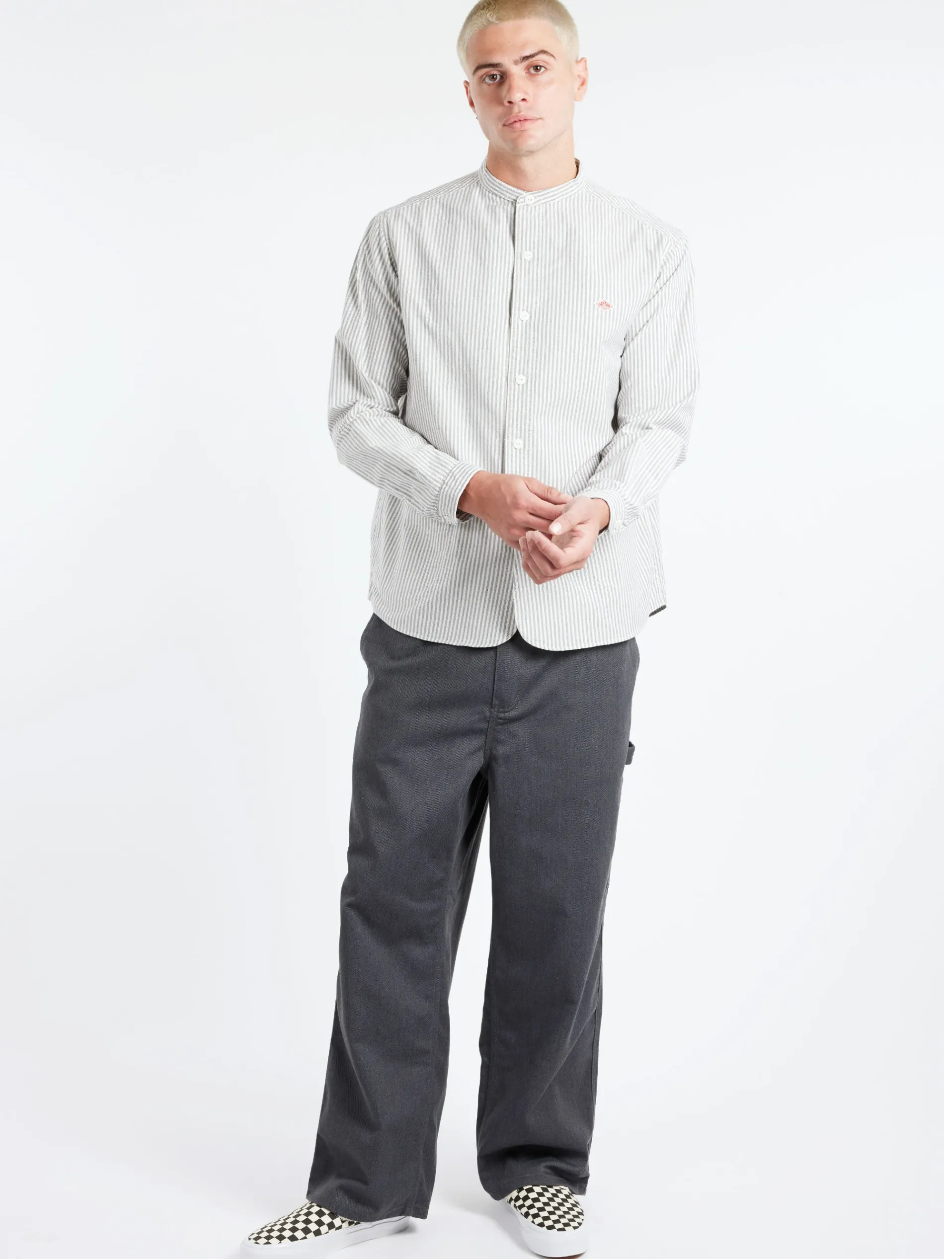 Danton - Men's Striped Oxford Band Collar L/S Shirt in Navy Ecru