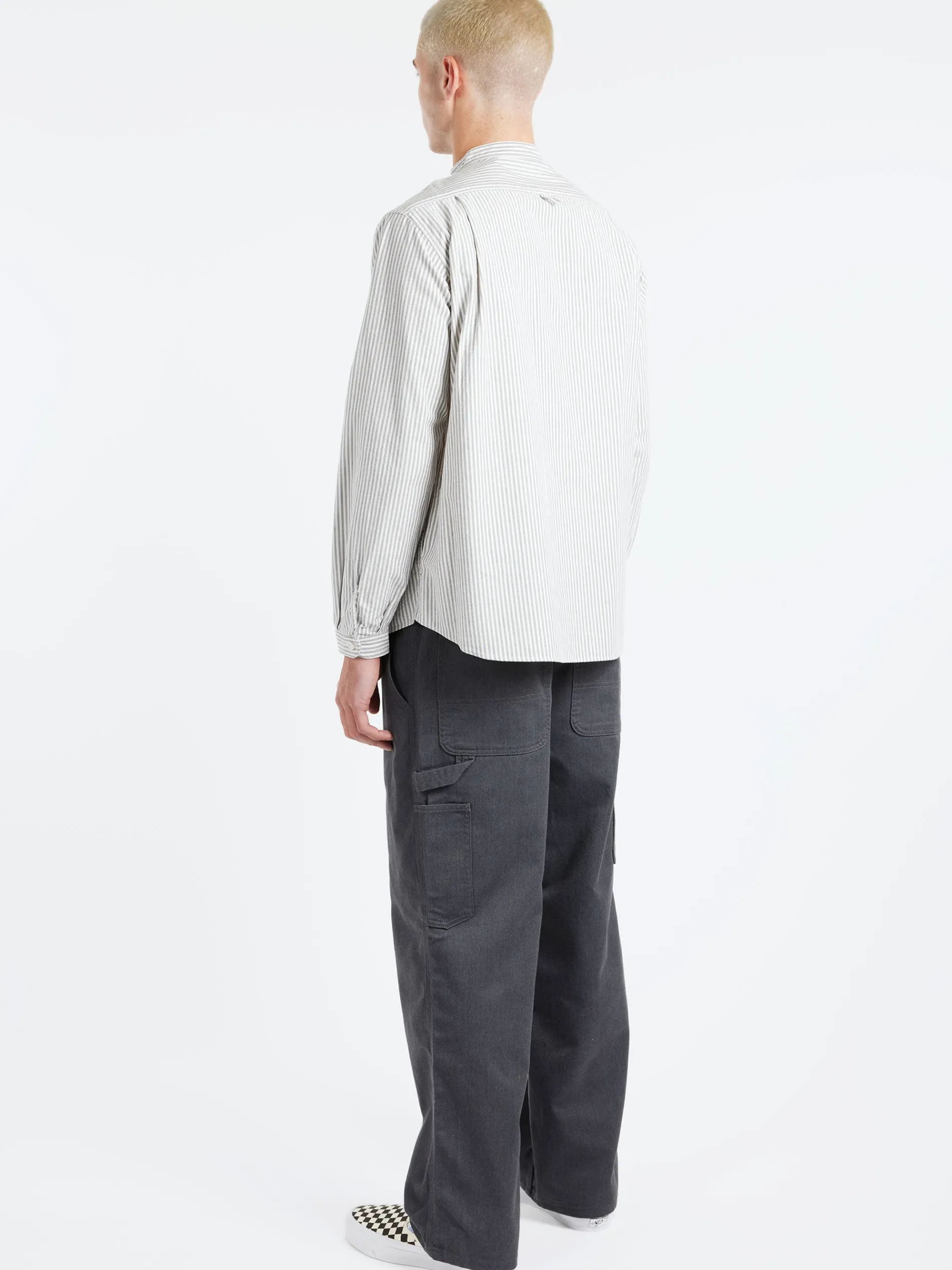 Danton - Men's Striped Oxford Band Collar L/S Shirt in Navy Ecru