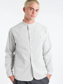 Danton - Men's Striped Oxford Band Collar L/S Shirt in Navy Ecru