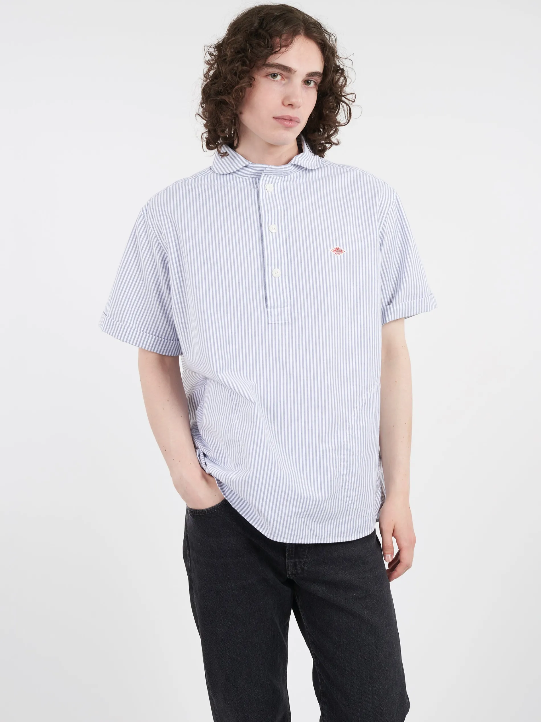 Danton - Round Collar Shirt in Navy and White Stripe