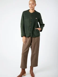 Danton - Women's Collarless Fleece Jacket in Dark Green