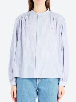 Danton - Women's Gathered Band Collar Shirt in Lt Blue Stripe