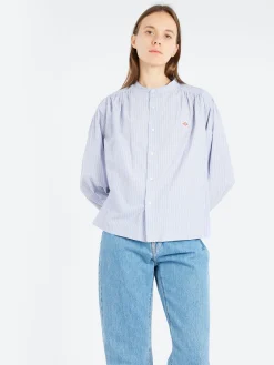 Danton - Women's Gathered Band Collar Shirt in Lt Blue Stripe