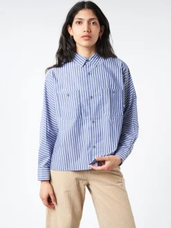 Danton - Women's L/S Work Shirt in Navy/White Stripe