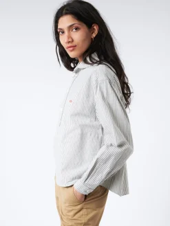 Danton - Women's Oxford Round Collar Pullover Wide Shirt in Navy Ecru Stripe