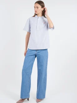 Danton - Women's Round Collar Shirt in Navy Stripe