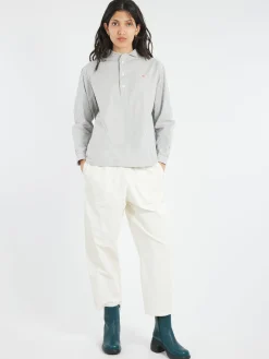 Danton - Women's Round Collar Pullover L/S Shirt in Navy and Ecru Stripe