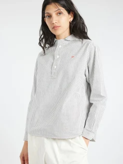 Danton - Women's Round Collar Pullover L/S Shirt in Navy and Ecru Stripe